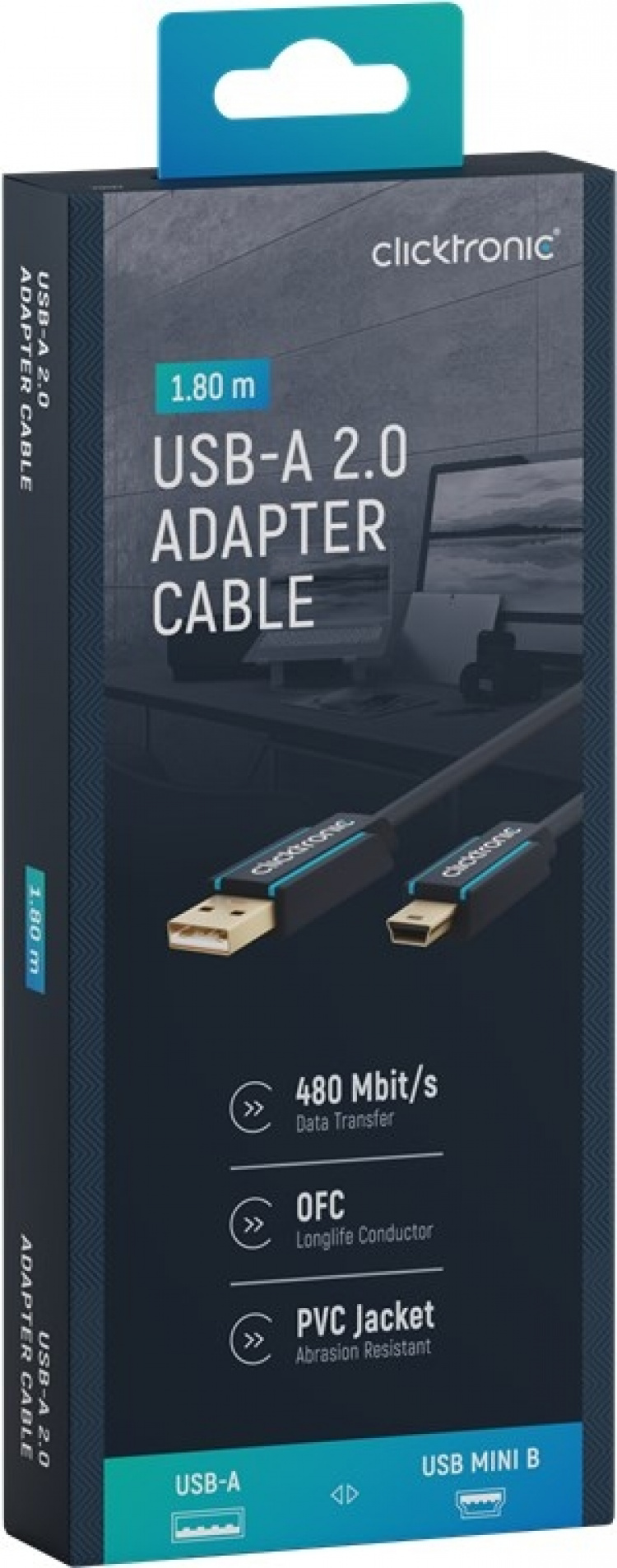 ClickTronic Adapterkabel fra USB A til USB Mini B 2.0 Premium-kabel | USB A-kontakt USB mini B-kontakt | 1,8 m | 480 Mbit/s