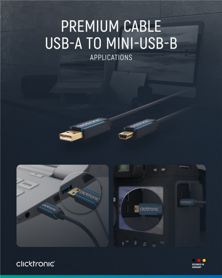ClickTronic Adapterkabel fra USB A til USB Mini B 2.0 Premium-kabel | USB A-kontakt USB mini B-kontakt | 1,8 m | 480 Mbit/s