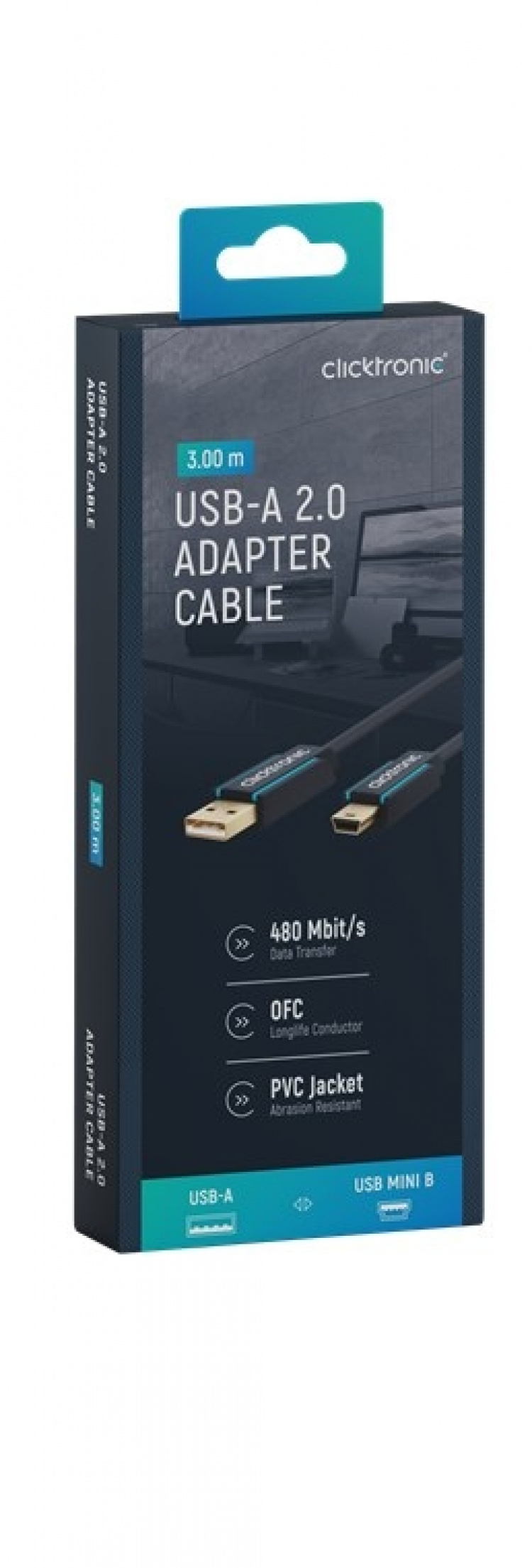 ClickTronic Adapterkabel fra USB A til USB Mini B 2.0 Premium-kabel | USB A-kontakt USB mini B-kontakt | 3,0 m | 480 Mbit/s