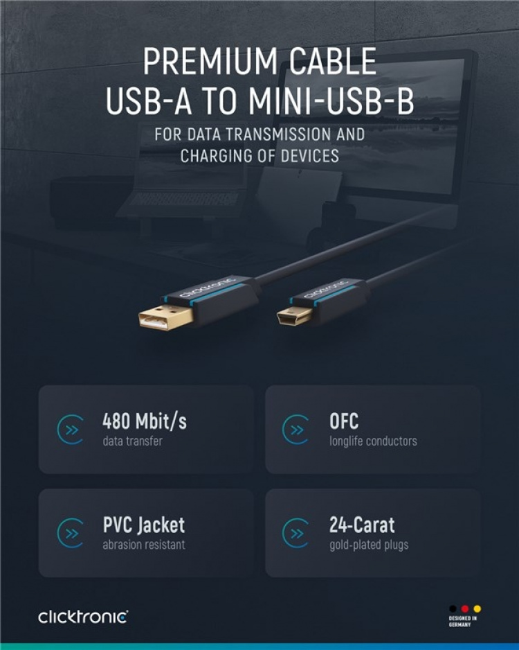 ClickTronic Adapterkabel fra USB A til USB Mini B 2.0 Premium-kabel | USB A-kontakt USB mini B-kontakt | 3,0 m | 480 Mbit/s