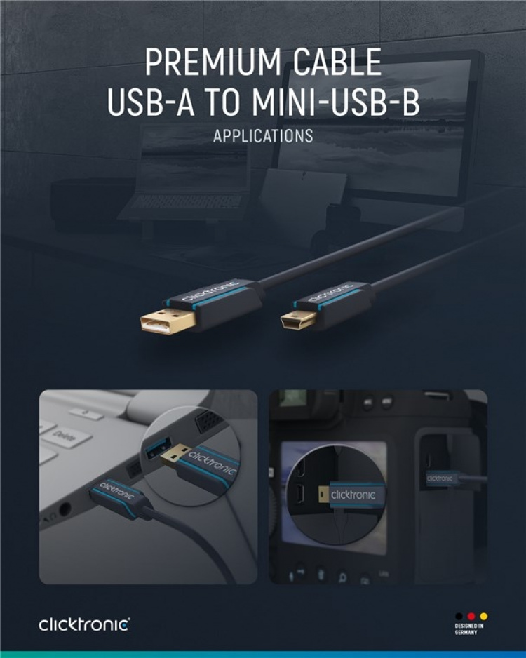 ClickTronic Adapterkabel fra USB A til USB Mini B 2.0 Premium-kabel | USB A-kontakt USB mini B-kontakt | 3,0 m | 480 Mbit/s