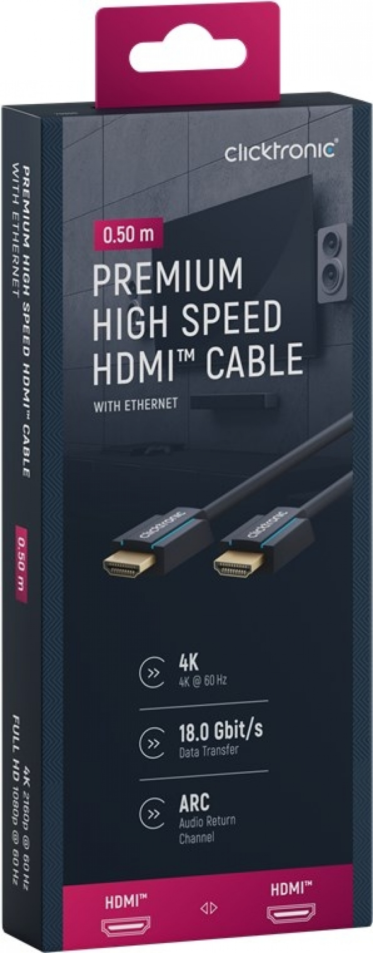ClickTronic Premium høyhastighets HDMI™-kabel med Ethernet Premium-kabel | 1x HDMI™-kontakt 1x HDMI™-kontakt | 0,5 m | UHD 4K @ 60 Hz ClickTronic Premium høyhastighets HDMI™-kabel med Ethernet Premium-kabel | 1x HDMI™-kontakt 1x HDMI™-kontakt | 0,5 m | UHD 4K @ 60 Hz