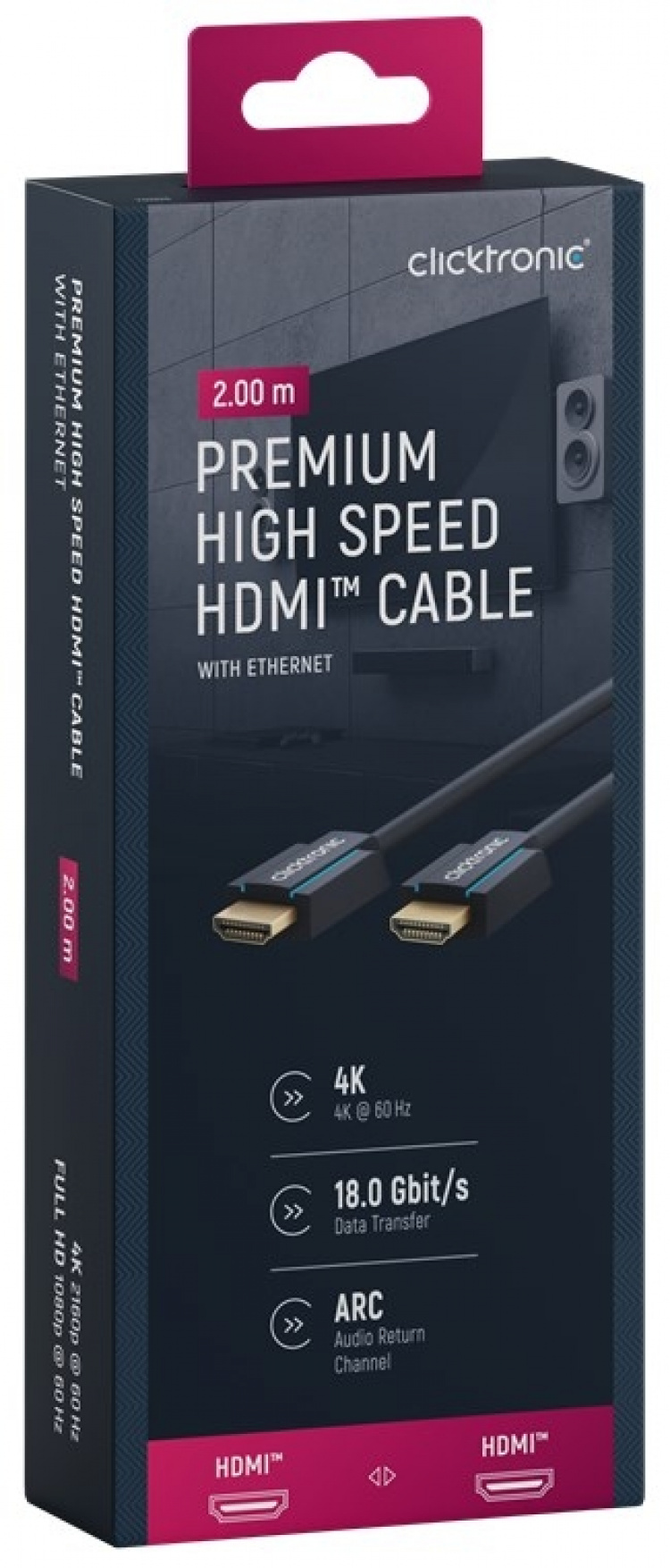 ClickTronic Premium høyhastighets HDMI™-kabel med Ethernet Premium-kabel | 1x HDMI™-kontakt 1x HDMI™-kontakt | 2,0 m | UHD 4K @ 60 Hz ClickTronic Premium høyhastighets HDMI™-kabel med Ethernet Premium-kabel | 1x HDMI™-kontakt 1x HDMI™-kontakt | 2,0 m | UHD 4K @ 60 Hz