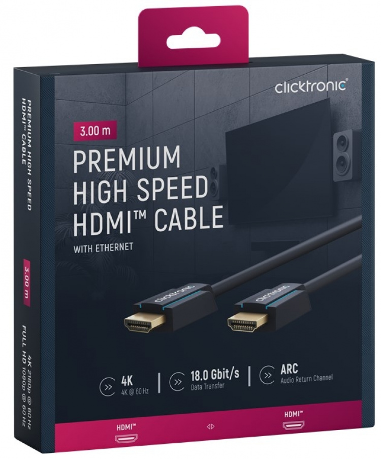 ClickTronic Premium høyhastighets HDMI™-kabel med Ethernet Premium-kabel | 1x HDMI™-kontakt 1x HDMI™-kontakt | 3,0 m | UHD 4K @ 60 Hz