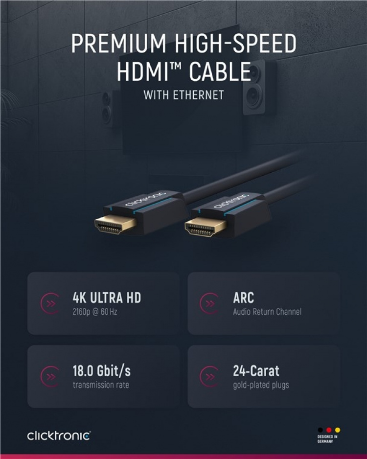 ClickTronic Premium høyhastighets HDMI™-kabel med Ethernet Premium-kabel | 1x HDMI™-kontakt 1x HDMI™-kontakt | 5,0 m | UHD 4K @ 60 Hz