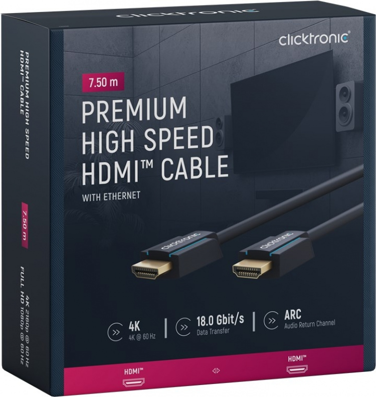 ClickTronic Høyhastighets HDMI™-kabel med Ethernet Premium-kabel | 1x HDMI™-kontakt 1x HDMI™-kontakt | 7,5 m | UHD 4K @ 60 Hz