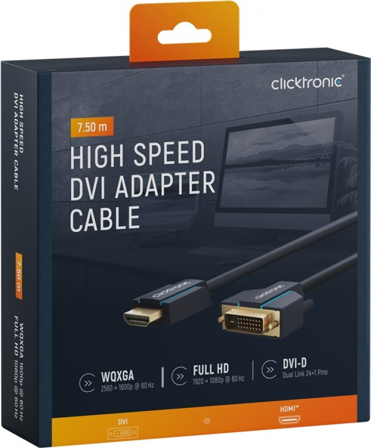 ClickTronic Adapterkabel fra DVI til HDMI™ Premium-kabel | 1x DVI-D-kontakt 1x HDMI™-kontakt | 7,5 m | WQXGA @ 60 Hz ClickTronic Adapterkabel fra DVI til HDMI™ Premium-kabel | 1x DVI-D-kontakt 1x HDMI™-kontakt | 7,5 m | WQXGA @ 60 Hz