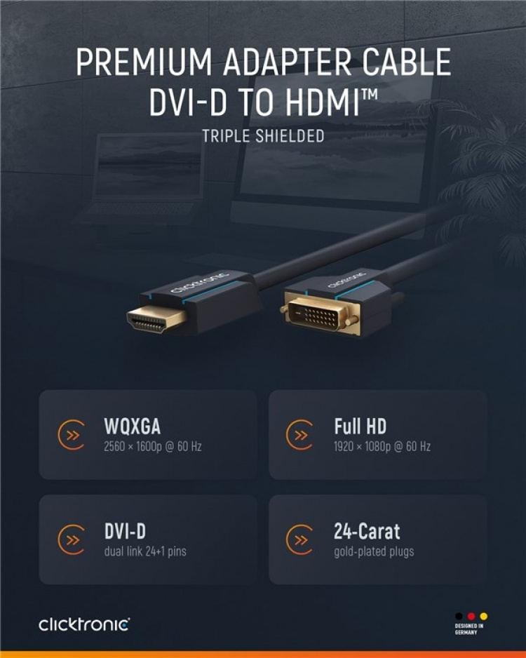 ClickTronic Adapterkabel fra DVI til HDMI™ Premium-kabel | 1x DVI-D-kontakt 1x HDMI™-kontakt | 7,5 m | WQXGA @ 60 Hz ClickTronic Adapterkabel fra DVI til HDMI™ Premium-kabel | 1x DVI-D-kontakt 1x HDMI™-kontakt | 7,5 m | WQXGA @ 60 Hz