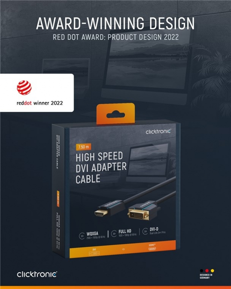 ClickTronic Adapterkabel fra DVI til HDMI™ Premium-kabel | 1x DVI-D-kontakt 1x HDMI™-kontakt | 7,5 m | WQXGA @ 60 Hz ClickTronic Adapterkabel fra DVI til HDMI™ Premium-kabel | 1x DVI-D-kontakt 1x HDMI™-kontakt | 7,5 m | WQXGA @ 60 Hz