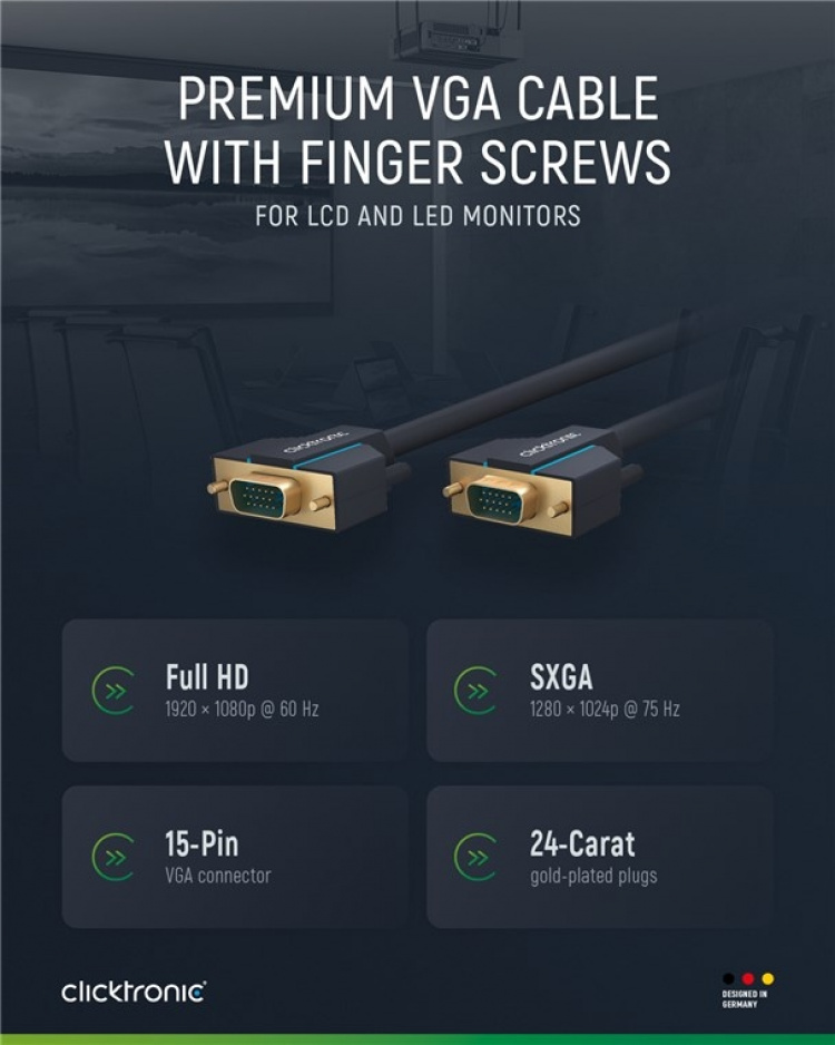 ClickTronic VGA-kabel Premium-kabel | 1x VGA-kontakt 1x VGA-kontakt | 3,0 m | SXGA @ 75 Hz ClickTronic VGA-kabel Premium-kabel | 1x VGA-kontakt 1x VGA-kontakt | 3,0 m | SXGA @ 75 Hz