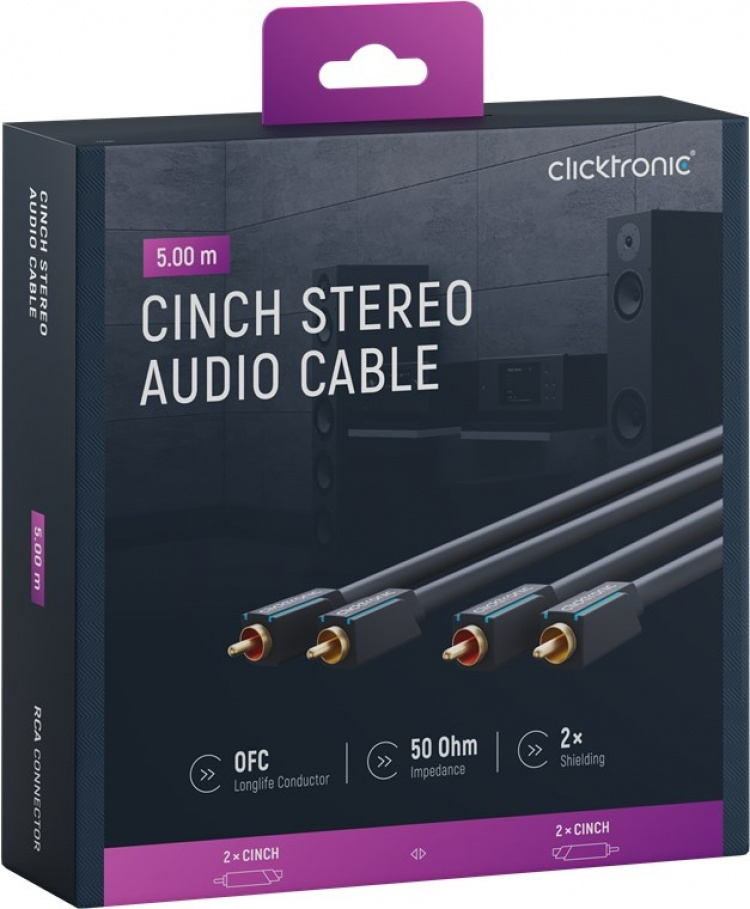 ClickTronic RCA-kabel, stereo Premium-kabel | 2x RCA-plugg 2x RCA-plugg | 5,0 m | OFC innerleder ClickTronic RCA-kabel, stereo Premium-kabel | 2x RCA-plugg 2x RCA-plugg | 5,0 m | OFC innerleder