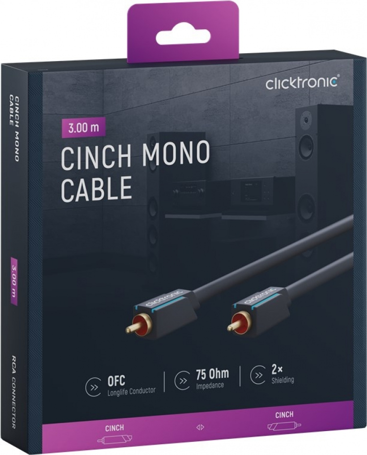 ClickTronic RCA-kabel, mono Premium-kabel | 1x cinchplugg 1x cinchplugg | 3,0 m | OFC innerleder