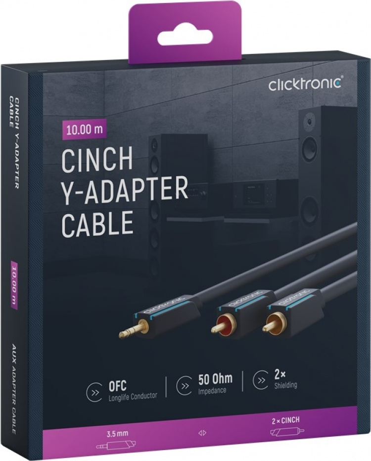 ClickTronic 3,5 mm AUX til RCA-adapterkabel, Stereo Premium-kabel | 1x 3,5 mm jackplugg 2x cinchplugg | 10,0 m | OFC innerleder