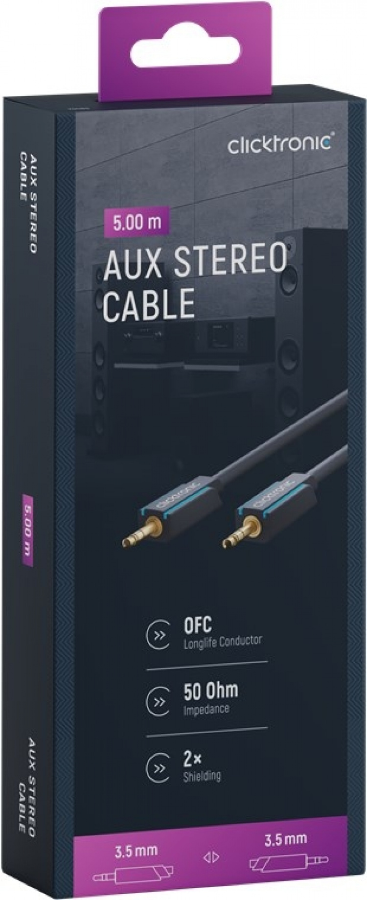ClickTronic 3,5 mm AUX-kabel, stereo Premium-kabel | 1x 3,5 mm jackplugg 1x 3,5 mm jackplugg | 5,0 m | OFC innerleder ClickTronic 3,5 mm AUX-kabel, stereo Premium-kabel | 1x 3,5 mm jackplugg 1x 3,5 mm jackplugg | 5,0 m | OFC innerleder