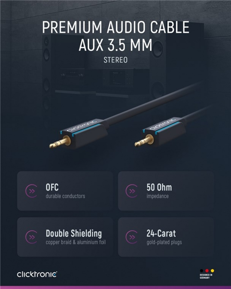 ClickTronic 3,5 mm AUX-kabel, stereo Premium-kabel | 1x 3,5 mm jackplugg 1x 3,5 mm jackplugg | 5,0 m | OFC innerleder ClickTronic 3,5 mm AUX-kabel, stereo Premium-kabel | 1x 3,5 mm jackplugg 1x 3,5 mm jackplugg | 5,0 m | OFC innerleder