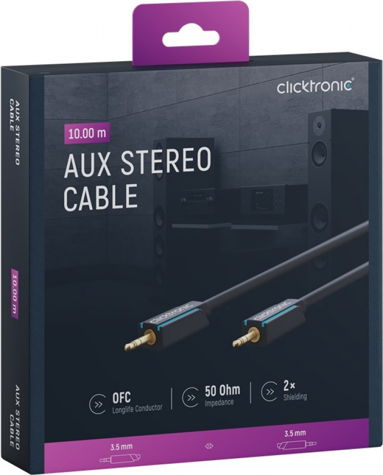 ClickTronic 3,5 mm AUX-kabel, stereo Premium-kabel | 1x 3,5 mm jackplugg 1x 3,5 mm jackplugg | 10,0 m | OFC innerleder