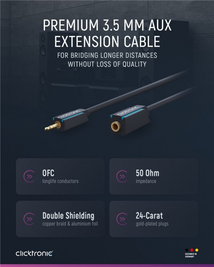 ClickTronic 3,5 mm AUX-forlengelseskabel, stereo Premium-kabel | 1x 3,5 mm jackplugg 1x 3,5 mm jackplugg | 1,5 m | OFC innerleder ClickTronic 3,5 mm AUX-forlengelseskabel, stereo Premium-kabel | 1x 3,5 mm jackplugg 1x 3,5 mm jackplugg | 1,5 m | OFC innerleder