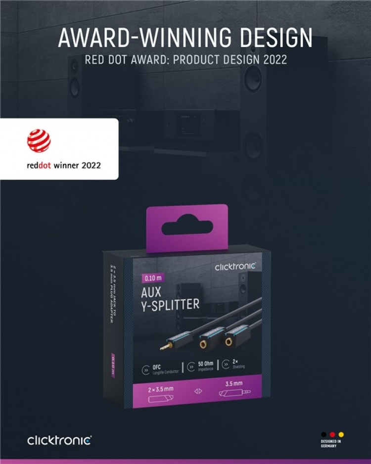 ClickTronic 3,5 mm AUX-adapterkabel, stereo Premium-kabel | 1x 3,5 mm jackplugg 2x 3,5 mm jackplugg | 0,1 m | OFC innerleder