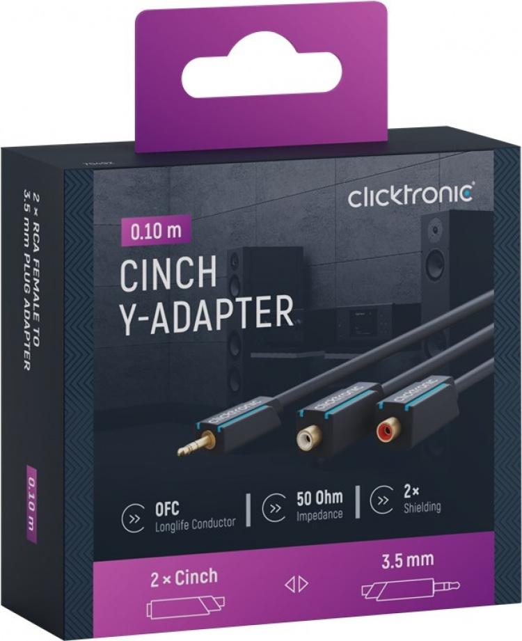 ClickTronic 3,5 mm AUX til RCA-adapterkabel, stereo Premium-kabel | 2x cinchjack 1x 3,5 mm jackplugg | 0,1 m | OFC innerleder