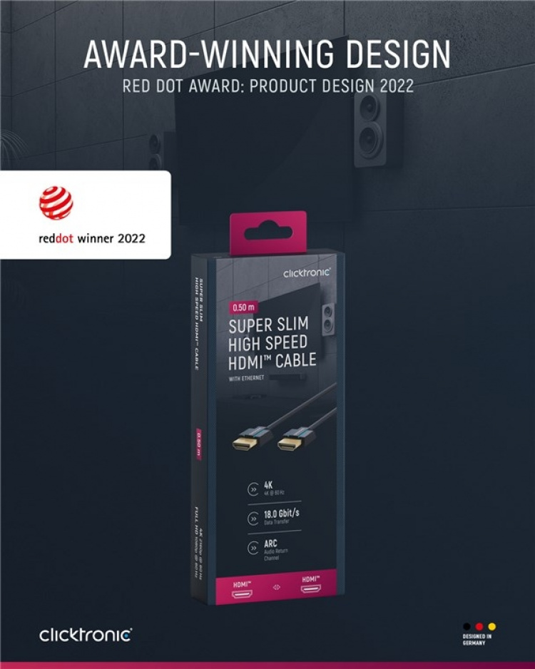 ClickTronic Ultratynn høyhastighets HDMI™-kabel med Ethernet Premium-kabel | 1x HDMI™-kontakt 1x HDMI™-kontakt | 0,5 m | UHD 4K @ 60 Hz ClickTronic Ultratynn høyhastighets HDMI™-kabel med Ethernet Premium-kabel | 1x HDMI™-kontakt 1x HDMI™-kontakt | 0,5 m | UHD 4K @ 60 Hz