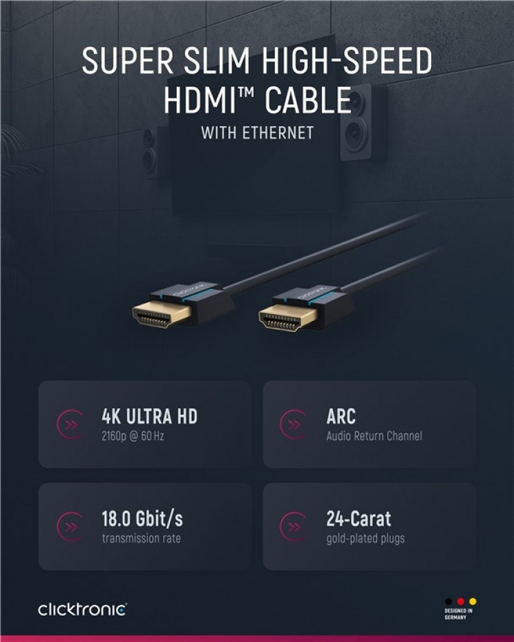 ClickTronic Ultratynn høyhastighets HDMI™-kabel med Ethernet Premium-kabel | 1x HDMI™-kontakt 1x HDMI™-kontakt | 1,0 m | UHD 4K @ 60 Hz