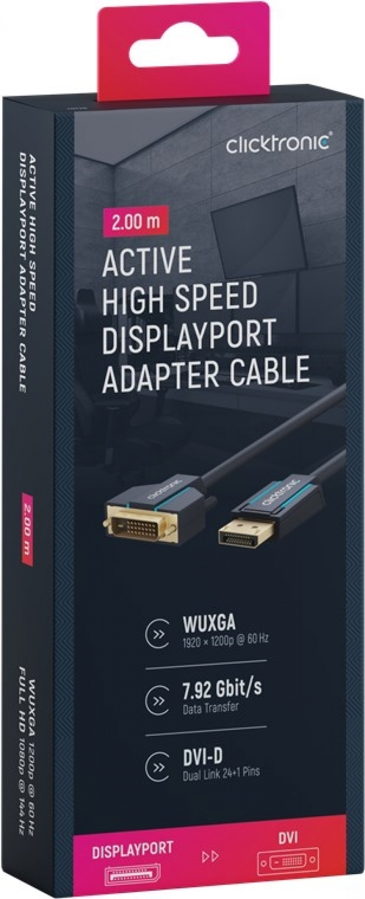 ClickTronic Adapterkabel for aktiv DisplayPort™ til DVI-D Premium-kabel | 1x DisplayPort™-kontakt >> 1x DVI-D-kontakt | 2,0 m | WUXGA @ 60 Hz ClickTronic Adapterkabel for aktiv DisplayPort™ til DVI-D Premium-kabel | 1x DisplayPort™-kontakt >> 1x DVI-D-kontakt | 2,0 m | WUXGA @ 60 Hz