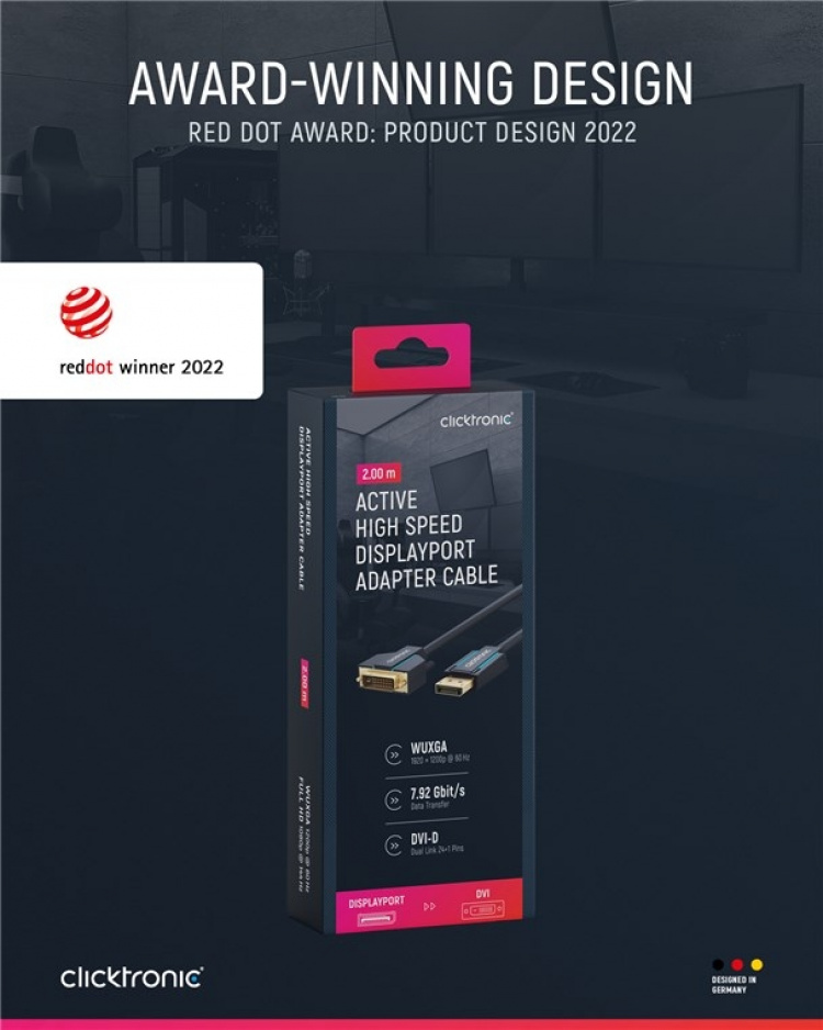 ClickTronic Adapterkabel for aktiv DisplayPort™ til DVI-D Premium-kabel | 1x DisplayPort™-kontakt >> 1x DVI-D-kontakt | 2,0 m | WUXGA @ 60 Hz ClickTronic Adapterkabel for aktiv DisplayPort™ til DVI-D Premium-kabel | 1x DisplayPort™-kontakt >> 1x DVI-D-kontakt | 2,0 m | WUXGA @ 60 Hz