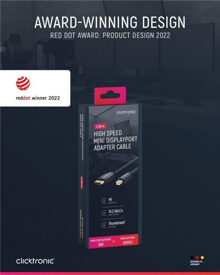 ClickTronic DisplayPort™ til mini DisplayPort™ adapterkabel premiumkabel | DisplayPort™-kontakt mini DisplayPort™-kontakt | 1,0 m | UHD 4K @ 60 Hz ClickTronic DisplayPort™ til mini DisplayPort™ adapterkabel premiumkabel | DisplayPort™-kontakt mini DisplayPort™-kontakt | 1,0 m | UHD 4K @ 60 Hz