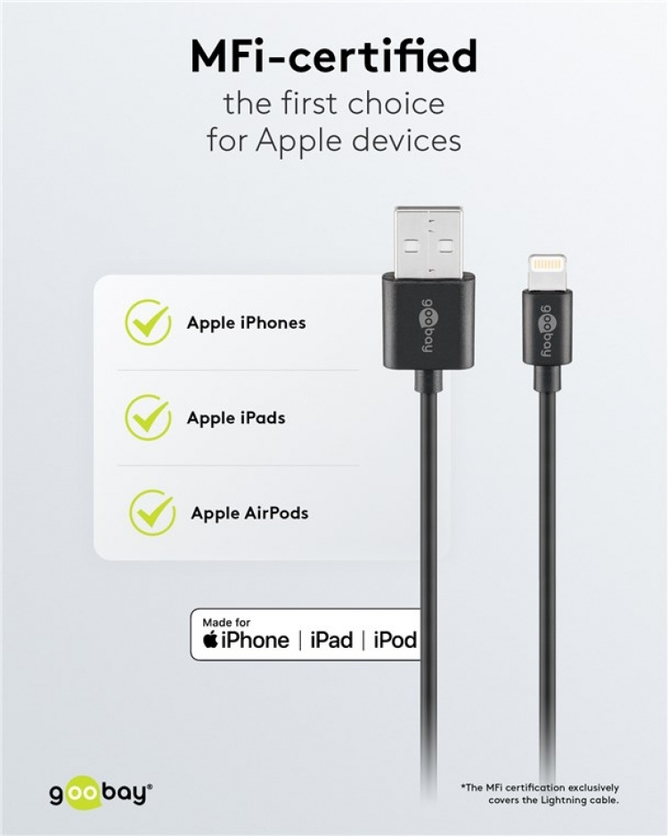 Goobay Apple Lightning Dual Charging Kit (12W) Strømforsyningsenhet med 2x USB-kontakter og Apple Lightning-kabel 1 m (svart)