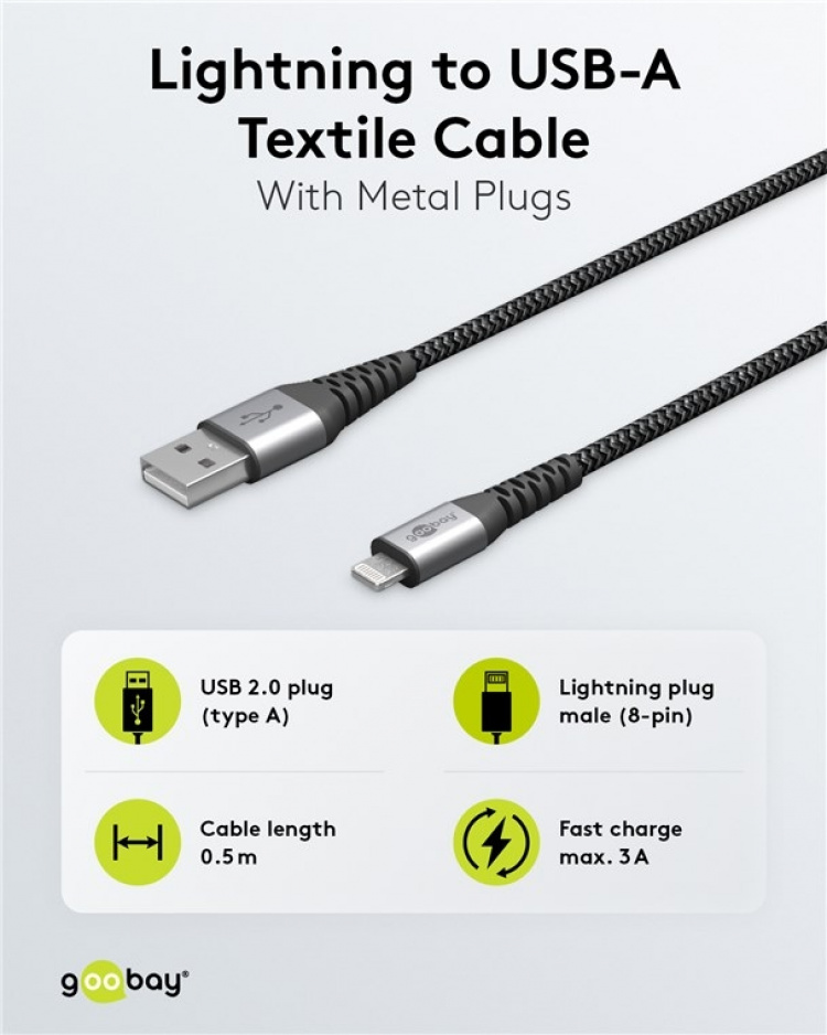 Goobay Lightning til USB-A tekstilkabel med metallplugger 0,5 m elegant og ekstra robust tilkoblingskabel for bl.a. Apple iPhone, iPad (Apple MFi-sertifisert)