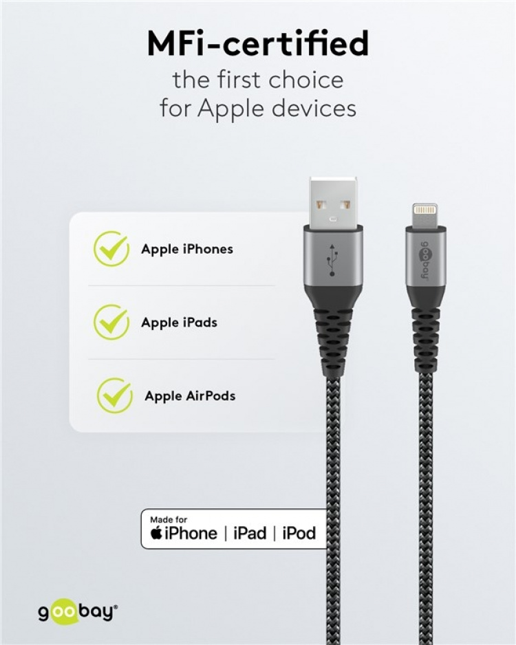 Goobay Lightning til USB-A tekstilkabel med metallplugger 1 m elegant og ekstra robust tilkoblingskabel for bl.a. Apple iPhone, iPad (Apple MFi-sertifisert)
