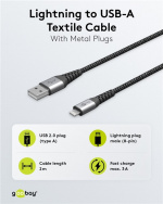 Goobay Lightning til USB-A tekstilkabel med metallplugger 2 m elegant og ekstra robust tilkoblingskabel for bl.a. Apple iPhone, iPad (Apple MFi-sertifisert) Goobay Lightning til USB-A tekstilkabel med metallplugger 2 m elegant og ekstra robust tilkoblingskabel for bl.a. Apple iPhone, iPad (Apple MFi-sertifisert)