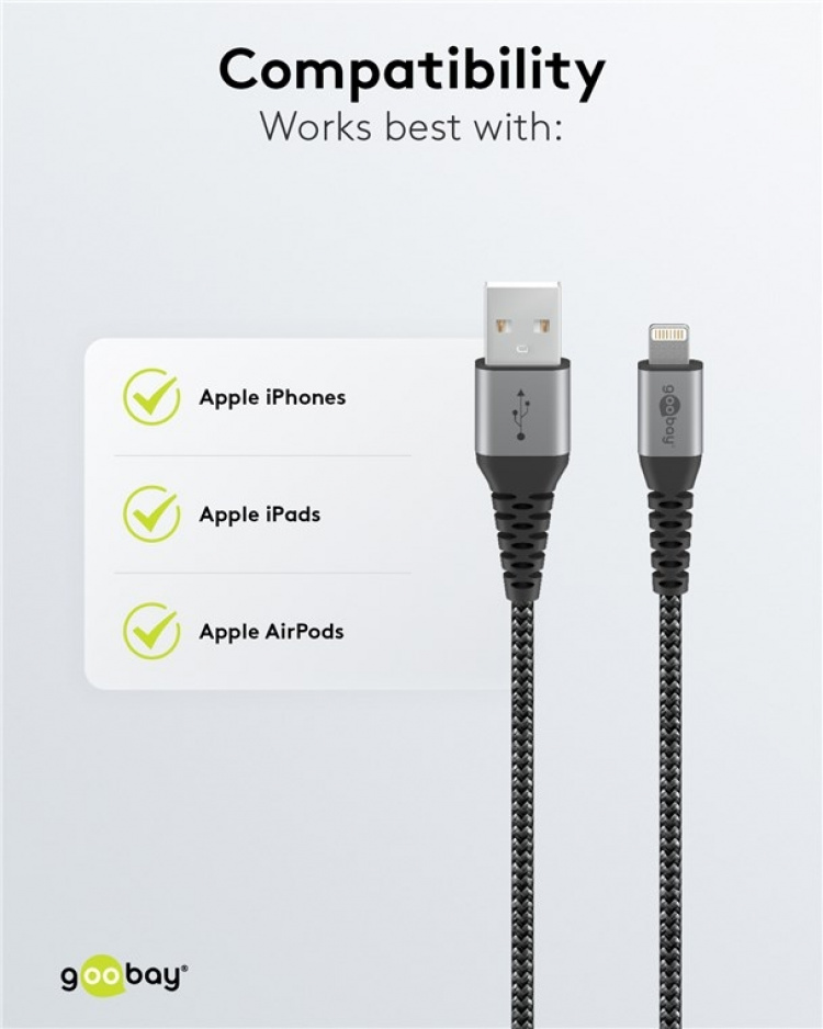 Goobay Lightning til USB-A tekstilkabel med metallplugger 2 m elegant og ekstra robust tilkoblingskabel for bl.a. Apple iPhone, iPad (Apple MFi-sertifisert) Goobay Lightning til USB-A tekstilkabel med metallplugger 2 m elegant og ekstra robust tilkoblingskabel for bl.a. Apple iPhone, iPad (Apple MFi-sertifisert)