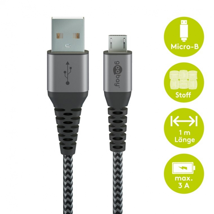 Goobay Micro-USB til USB-A tekstilkabel med metallkontakter 1 m elegant og ekstra robust tilkoblingskabel for enheter med Micro-USB-tilkobling