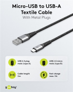 Goobay Micro-USB til USB-A tekstilkabel med metallkontakter 2 m elegant og ekstra robust tilkoblingskabel for enheter med Micro-USB-tilkobling