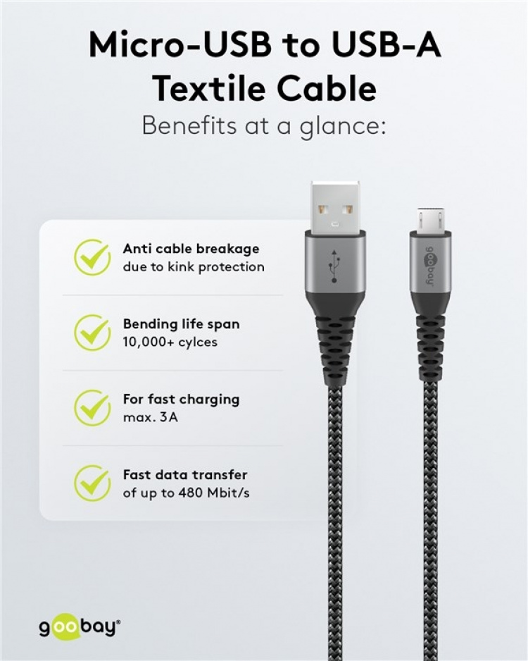 Goobay Micro-USB til USB-A tekstilkabel med metallkontakter 2 m elegant og ekstra robust tilkoblingskabel for enheter med Micro-USB-tilkobling