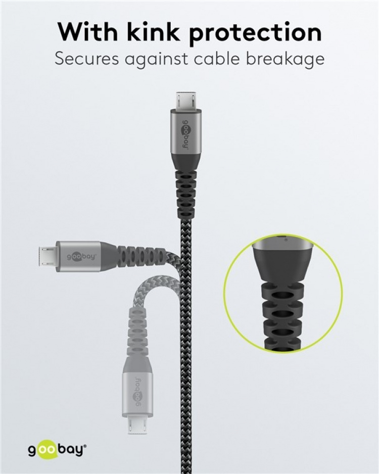 Goobay Micro-USB til USB-A tekstilkabel med metallkontakter 2 m elegant og ekstra robust tilkoblingskabel for enheter med Micro-USB-tilkobling
