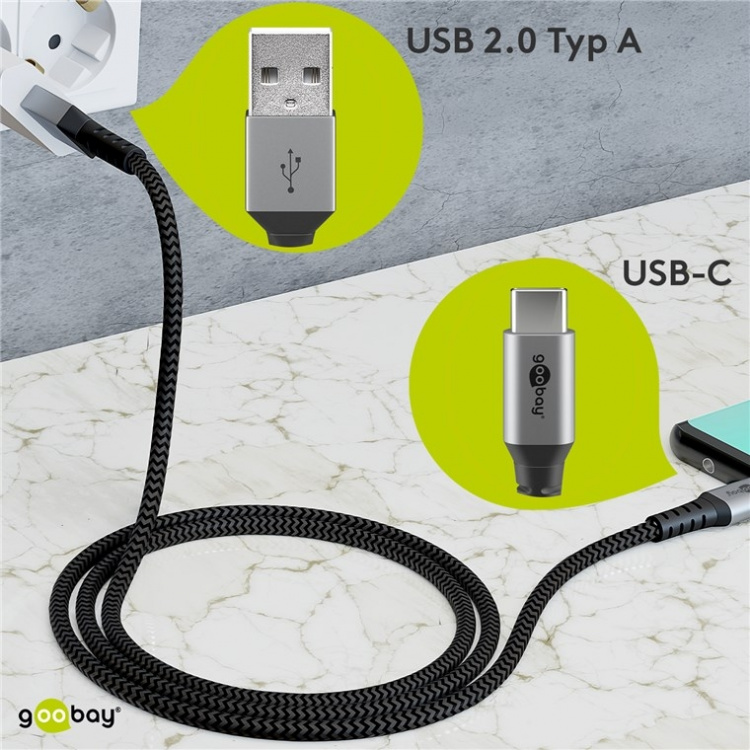 Goobay USB-C™ til USB-A tekstilkabel med metallkontakter 0,5 m elegant og ekstra robust tilkoblingskabel for enheter med USB-C™-port Goobay USB-C™ til USB-A tekstilkabel med metallkontakter 0,5 m elegant og ekstra robust tilkoblingskabel for enheter med USB-C™-port