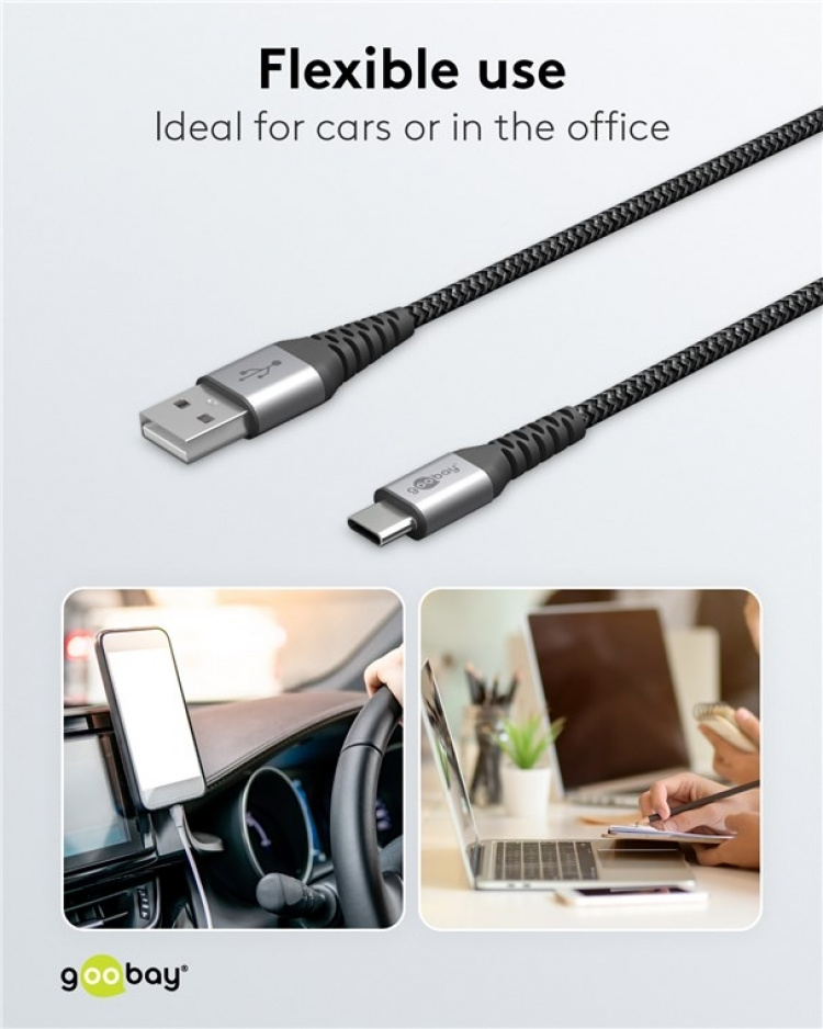 Goobay USB-C™ til USB-A tekstilkabel med metallkontakter 1 m elegant og ekstra robust tilkoblingskabel for enheter med USB-C™-port Goobay USB-C™ til USB-A tekstilkabel med metallkontakter 1 m elegant og ekstra robust tilkoblingskabel for enheter med USB-C™-port