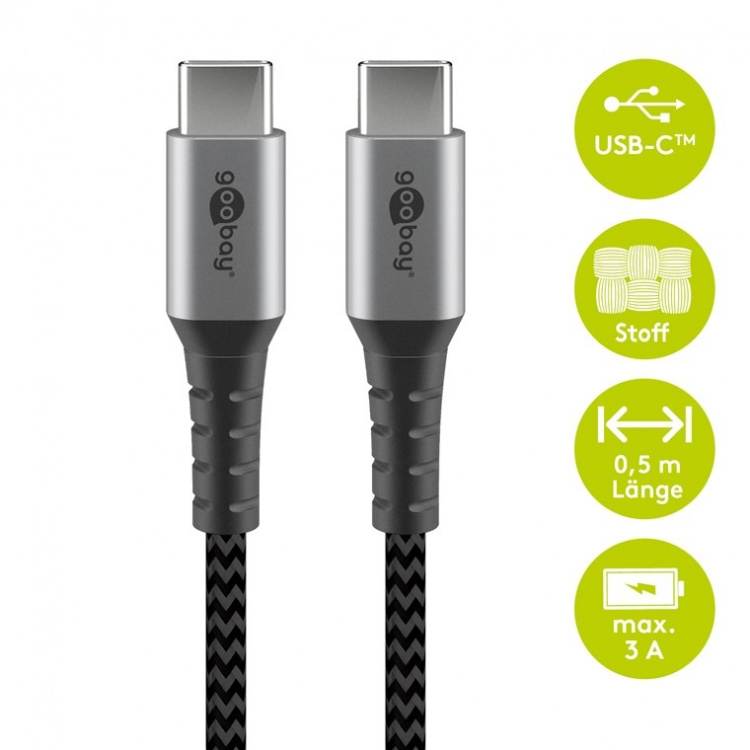 Goobay USB-C™ til USB-C™ tekstilkabel med metallkontakter 0,5 m elegant og ekstra robust tilkoblingskabel for enheter med USB-C™-port