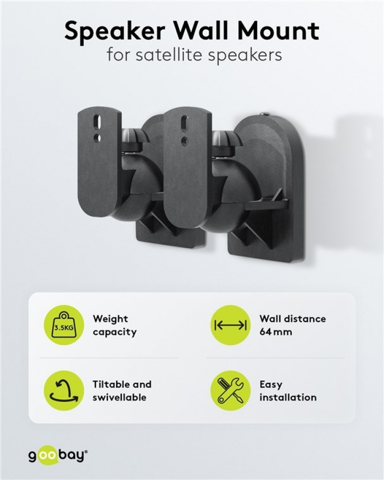 Goobay Høyttalerbrakett universal universal høyttalerbrakett for veggmontering, (svingbar og vippbar) for høyttalere opp til maks. 3,5 kg, svart Goobay Høyttalerbrakett universal universal høyttalerbrakett for veggmontering, (svingbar og vippbar) for høyttalere opp til maks. 3,5 kg, svart