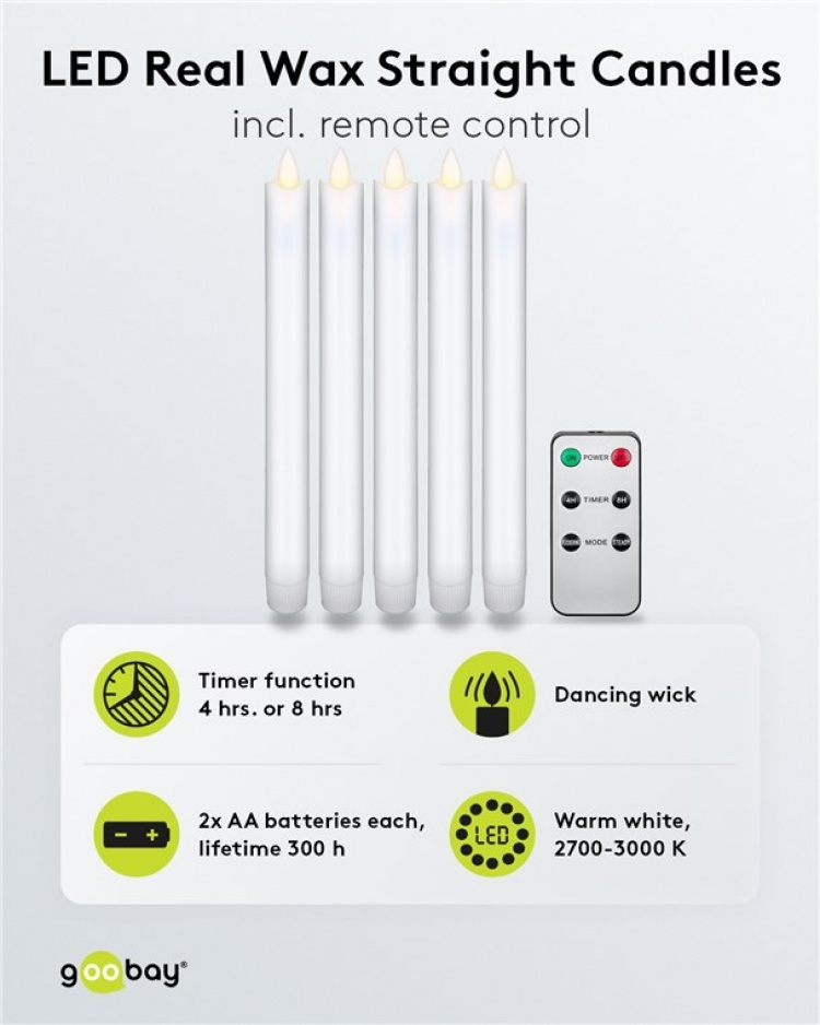 Goobay Sett med 5 hvite LED-voksstavlamper, inkl. fjernkontroll Vakker og trygg belysningsløsning for mange områder, for eksempel hus og loggiaer, kontorer eller skoler