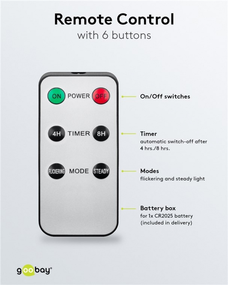 Goobay Sett med 5 hvite LED-voksstavlamper, inkl. fjernkontroll Vakker og trygg belysningsløsning for mange områder, for eksempel hus og loggiaer, kontorer eller skoler