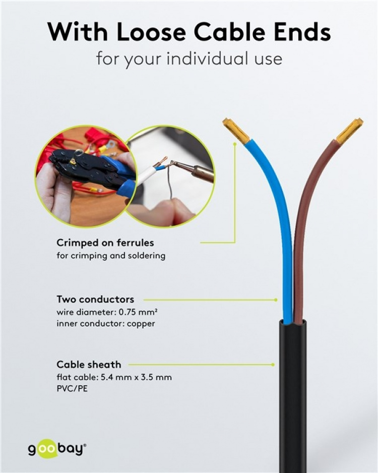 Goobay Kabel med Euro-plugg for montering, 1,5 m, svart Euro-plugg (type C, CEE 7/16) > løse kabelender