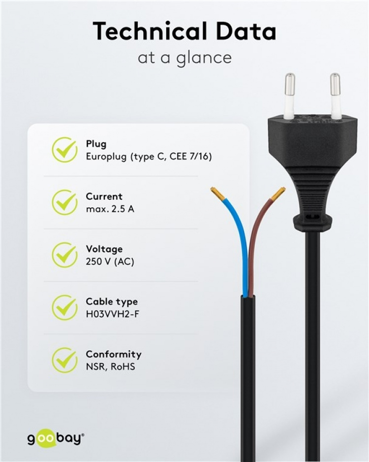 Goobay Kabel med Euro-plugg for montering, 1,5 m, svart Euro-plugg (type C, CEE 7/16) > løse kabelender