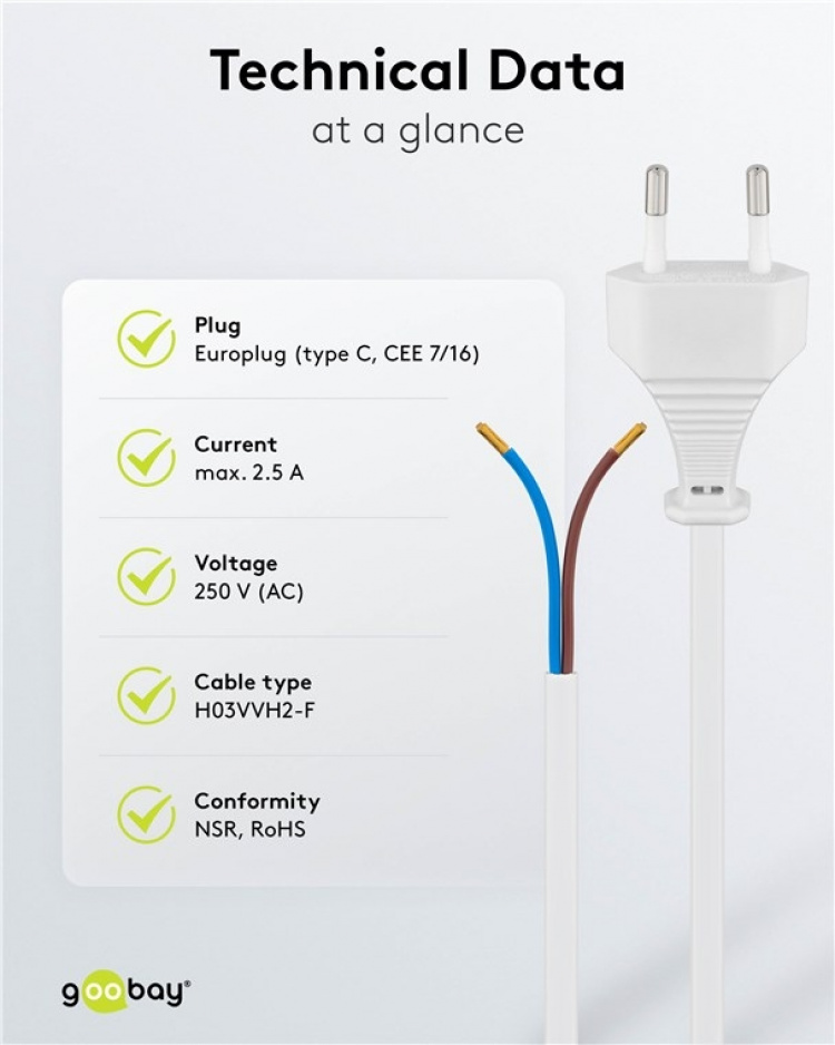 Goobay Kabel med Euro-plugg for montering, 1,5 m, hvit Euro-plugg (type C, CEE 7/16) > løse kabelender Goobay Kabel med Euro-plugg for montering, 1,5 m, hvit Euro-plugg (type C, CEE 7/16) > løse kabelender
