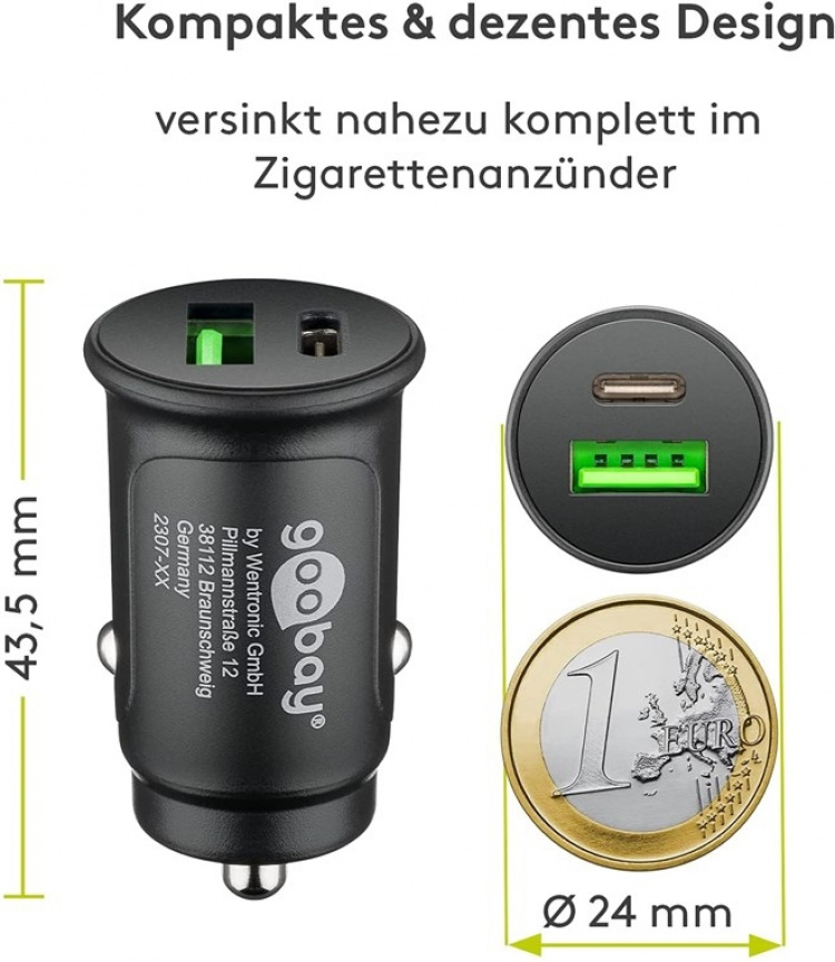 Goobay Dual-USB Auto Fast Charger USB-C™ PD (Power Delivery) (30W) 30W (12/24V) egnet for enheter med USB-C™ (Power Delivery), for eksempel iPhone 12 Goobay Dual-USB Auto Fast Charger USB-C™ PD (Power Delivery) (30W) 30W (12/24V) egnet for enheter med USB-C™ (Power Delivery), for eksempel iPhone 12