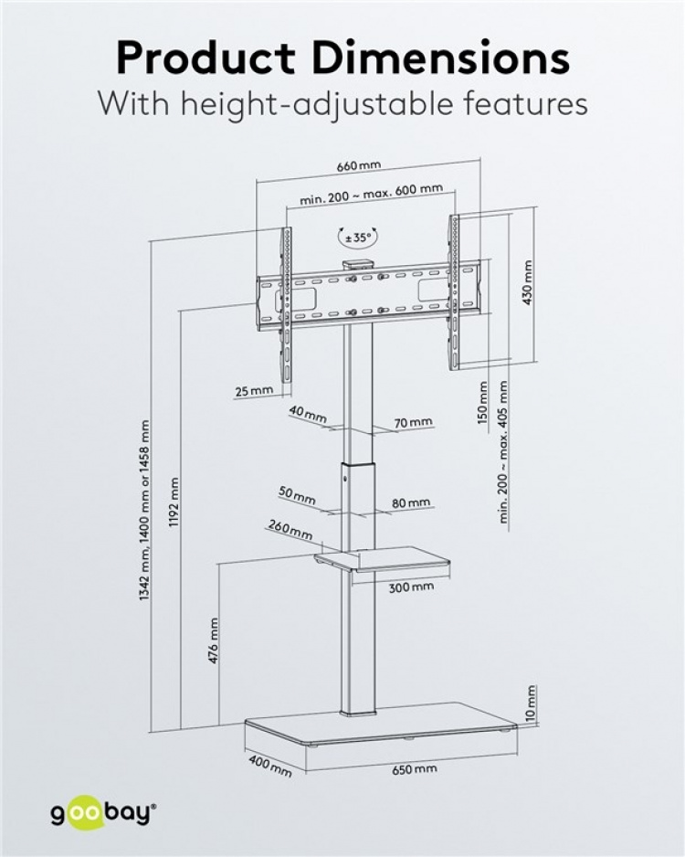 Goobay TV-gulvstativ Basic (størrelse L) for TV-er og skjermer mellom 37 og 70 tommer (94-178 cm) opp til 40 kg, svingbar