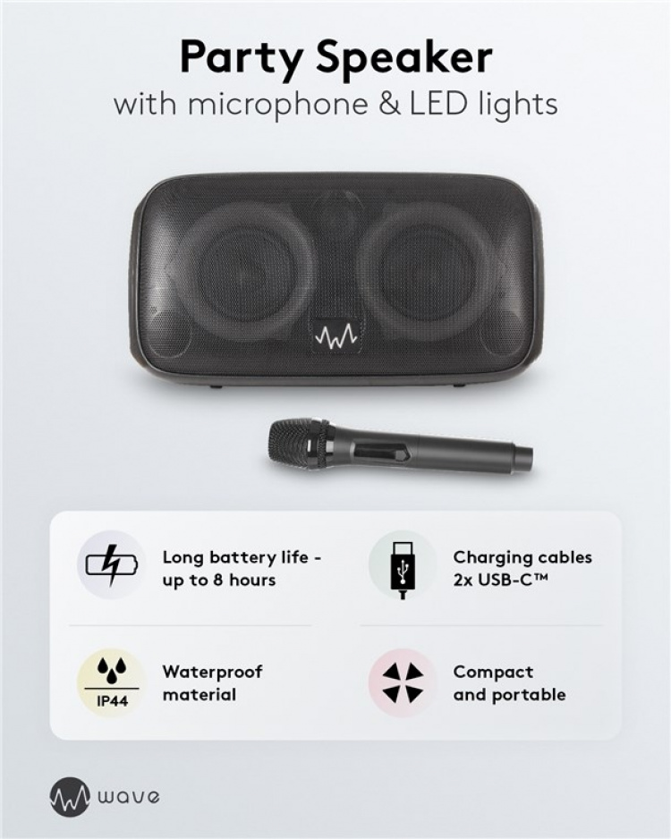 Waveaudio Wave Party Speaker er en bærbar Bluetooth-høyttaler med mikrofon og LED-lys for musikkglede når som helst og hvor som helst