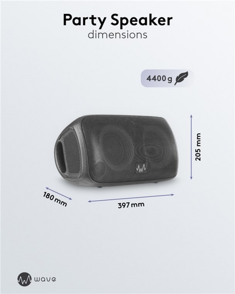 Waveaudio Wave Party Speaker er en bærbar Bluetooth-høyttaler med mikrofon og LED-lys for musikkglede når som helst og hvor som helst